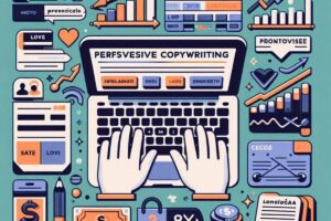 Imagem ilustrando o tema 'Copywriting Persuasivo: Dicas Infalíveis para Criar Textos que Convertem e Aumentam Vendas'. A imagem inclui blocos de texto com frases destacadas, um teclado com uma mão digitando em um laptop, ícones de conversão como carrinhos de compra e gráficos de crescimento, além de símbolos de engajamento como curtidas ou corações, e um símbolo de moeda representando o impacto nas vendas.