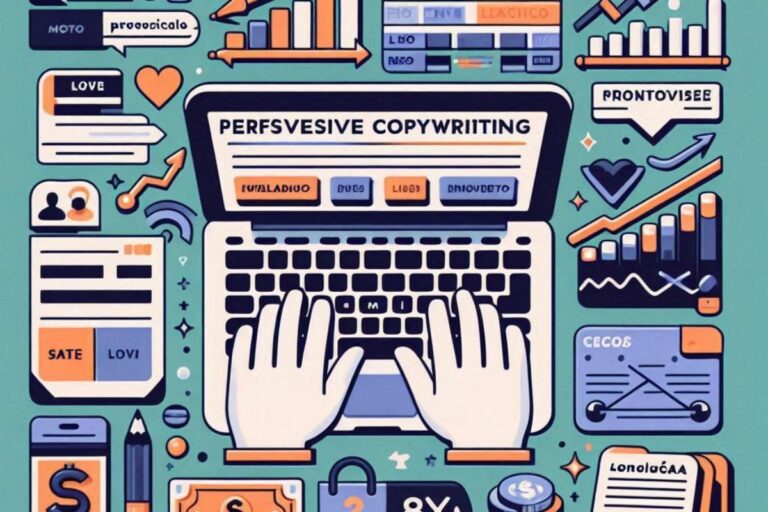 Imagem ilustrando o tema 'Copywriting Persuasivo: Dicas Infalíveis para Criar Textos que Convertem e Aumentam Vendas'. A imagem inclui blocos de texto com frases destacadas, um teclado com uma mão digitando em um laptop, ícones de conversão como carrinhos de compra e gráficos de crescimento, além de símbolos de engajamento como curtidas ou corações, e um símbolo de moeda representando o impacto nas vendas.