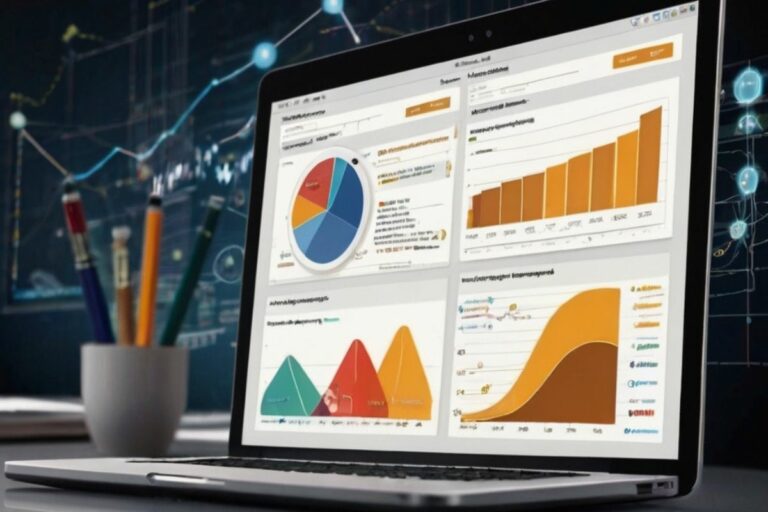 Imagem de um laptop exibindo painéis de análise de dados, com gráficos de pizza, gráficos de barras e linhas de crescimento representando métricas de desempenho. O fundo inclui elementos visuais que sugerem dados e conectividade, simbolizando a importância da análise de dados no marketing digital.