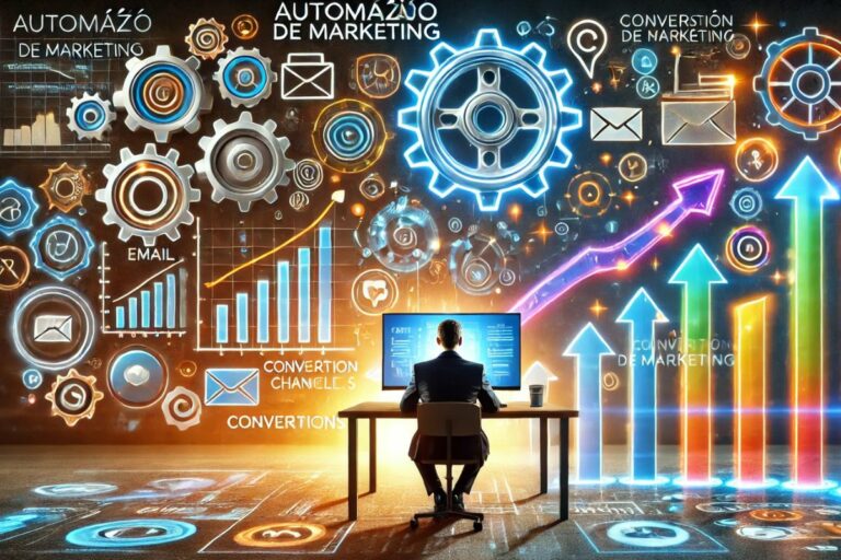 Imagem ilustrativa sobre automação de marketing, mostrando uma cena com elementos visuais que transmitem eficiência e crescimento. O fundo apresenta engrenagens, fluxogramas e ícones que representam processos automatizados, simbolizando workflows eficientes. Em primeiro plano, um gráfico de crescimento mostra a escalabilidade dos negócios, enquanto ícones de e-mail, redes sociais e notificações indicam canais de conversão e engajamento. No centro, uma figura está sentada em frente a um computador, sugerindo produtividade e controle sobre os processos de marketing. Cores vibrantes refletem inovação e energia no campo do marketing digital.