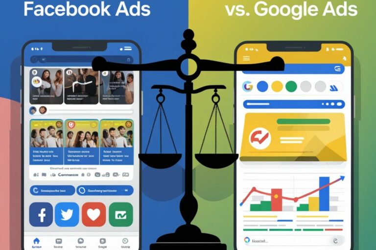 Comparação visual entre Facebook Ads e Google Ads, destacando duas telas de dispositivos móveis lado a lado, com uma balança central para simbolizar a escolha entre as duas plataformas de publicidade.