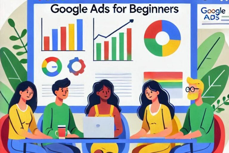 Grupo de iniciantes aprendendo sobre Google Ads em um ambiente colaborativo, com gráficos de desempenho, métricas e foco em campanhas de anúncios visíveis ao fundo.