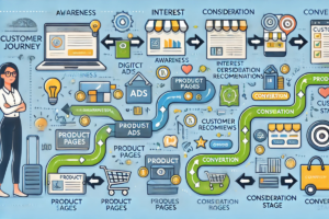 Uma ilustração detalhada da jornada do cliente no marketing digital, desde a conscientização até a conversão. A imagem mostra etapas como awareness (conscientização), interest (interesse), consideration (consideração) e conversion (conversão), representadas por ícones, gráficos e um caminho sinuoso que conecta todas as fases.