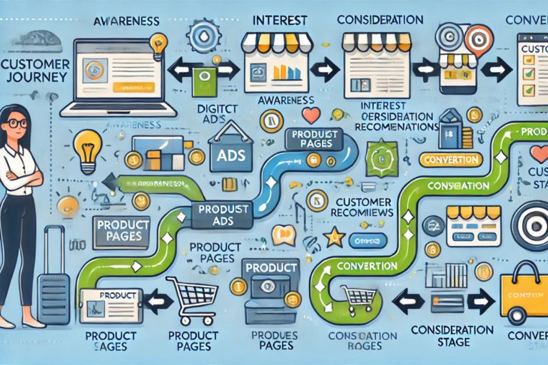 Uma ilustração detalhada da jornada do cliente no marketing digital, desde a conscientização até a conversão. A imagem mostra etapas como awareness (conscientização), interest (interesse), consideration (consideração) e conversion (conversão), representadas por ícones, gráficos e um caminho sinuoso que conecta todas as fases.