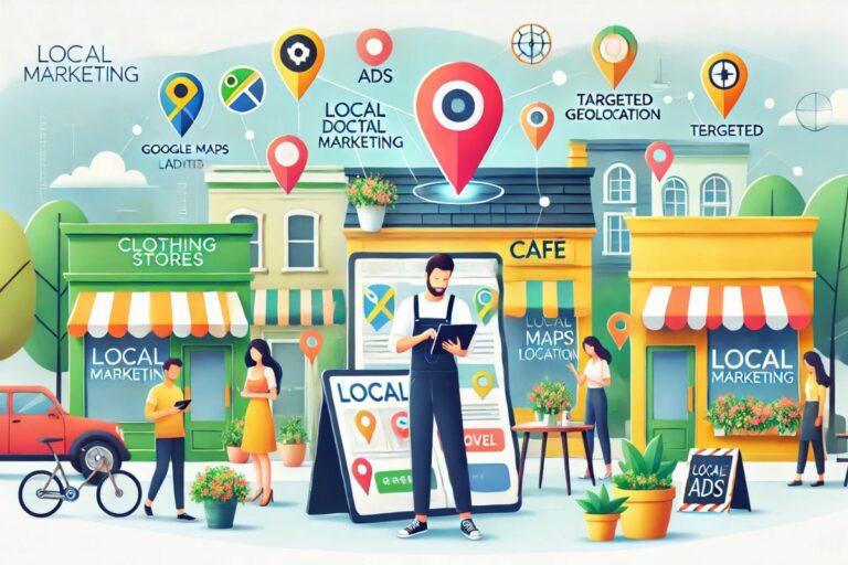 Cenário colorido e animado representando uma rua comercial com pequenas lojas, um café e ferramentas digitais, como mapas e geolocalização, destacando o impacto do marketing local nas empresas.