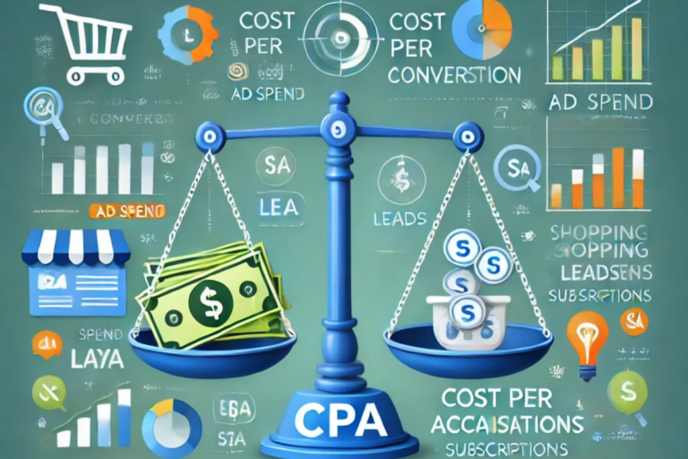 Uma balança representando o CPA (Custo por Aquisição), com dinheiro em um lado e ícones de leads, assinaturas e vendas no outro. A imagem também inclui gráficos de barras e torta, carrinho de compras e elementos visuais relacionados a métricas de marketing digital.