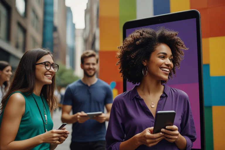 Grupo de jovens adultos sorrindo e interagindo em um ambiente urbano moderno, com uma tela digital colorida ao fundo.