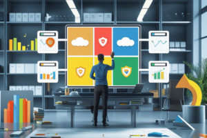 Um profissional analisa um grande painel digital em um escritório moderno, com gráficos e ícones representando segurança, nuvem e crescimento. O ambiente sugere uma abordagem estratégica para tomada de decisões no marketing digital.