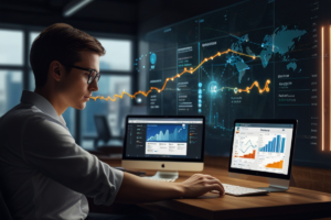 Homem jovem de óculos analisando gráficos e dados financeiros em dois monitores e uma tela interativa no fundo. A cena representa um ambiente moderno de análise de dados, com gráficos globais e informações detalhadas.