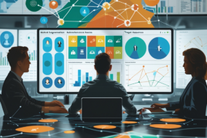 Três profissionais analisam dados de segmentação de mercado em um ambiente corporativo moderno. A grande tela à frente exibe gráficos, perfis de clientes e conexões de dados, representando estratégias para identificar e atender ao público-alvo.