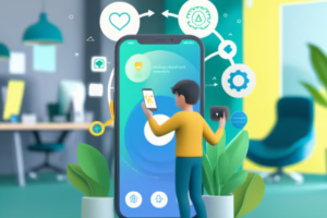 Homem interagindo com um smartphone gigante, simbolizando a aplicação de estratégias de gatilhos mentais no design de experiência do usuário (UX) para aumentar conversões. Ícones flutuantes ao redor destacam elementos como automação, engajamento e psicologia do consumidor.