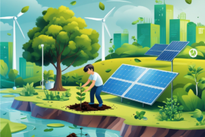 Ilustração de um ambiente sustentável com um jovem plantando uma árvore próximo a um rio, cercado por painéis solares e turbinas eólicas. Ao fundo, uma cidade verde simboliza o equilíbrio entre desenvolvimento e preservação ambiental.