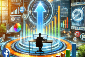 Um profissional sentado à mesa, analisando duas telas de computador enquanto gráficos e ícones de redes sociais, como Facebook e Pinterest, flutuam ao seu redor. No fundo, um grande holograma exibe um gráfico ascendente e um ícone de mídia paga, representando crescimento e sucesso nas campanhas de anúncios.