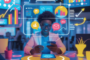 Profissional sorridente usando um smartphone para social selling, cercada por gráficos e ícones digitais representando engajamento e vendas nas redes sociais.