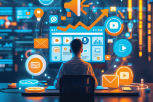 Um profissional analisa uma tela repleta de ícones digitais representando diferentes estratégias de marketing digital. Elementos como e-mail, redes sociais, vídeo marketing e gráficos de crescimento flutuam ao redor da tela, simbolizando as diversas abordagens para alavancar um negócio online.