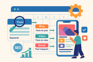 Ilustração digital de um calendário editorial SEO-friendly exibido em um browser, com um planner em grade semanal. Cada dia traz rótulos coloridos para Blog (título do post), Vídeo (título do vídeo) e Social (post Instagram), além de um destaque visual de “Título” com lupa e lista de keywords. Ícones de SEO, setas indicando fluxo de planejamento e gráficos de alcance completam o design, tudo em cores limpas com tons de azul, verde e laranja sobre fundo claro.