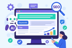 Ilustração de um robô de IA ao lado de um monitor exibindo um texto sendo gerado por ChatGPT, com destaque para palavras-chave, sugestão de título e gráficos de performance. Ícones de SEO, inteligência artificial e conteúdo digital completam a cena.