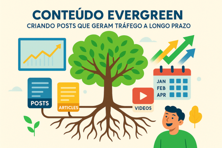 Ilustração moderna de uma árvore verde com raízes profundas conectadas a ícones de conteúdo como posts, artigos e vídeos. Ao redor, aparecem gráficos de crescimento, um calendário com meses e setas coloridas apontando para cima, simbolizando crescimento constante e tráfego de longo prazo.