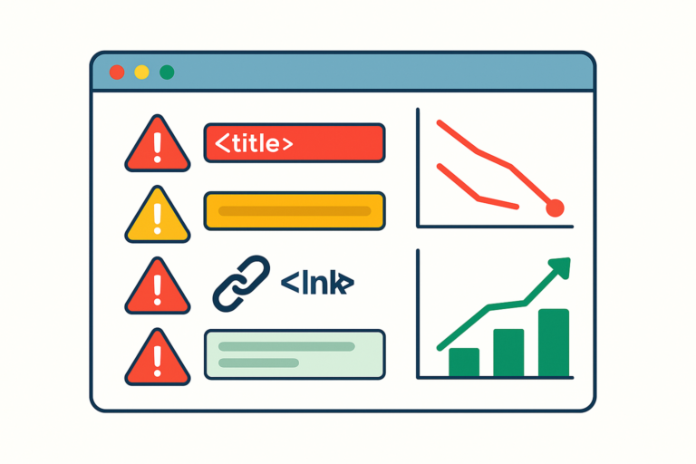 Ilustração minimalista de uma janela de navegador com ícones de alerta ao lado de blocos representando erros de SEO como título duplicado, meta descrição ausente e link quebrado. À direita, dois gráficos contrastam queda e recuperação de posicionamento, com cores vermelhas e verdes.