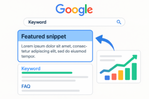 Ilustração mostrando uma página de resultados do Google com destaque visual para um featured snippet no topo. A imagem inclui caixa de resposta em destaque, gráfico de crescimento e palavras-chave, tudo em um estilo limpo com cores vibrantes.