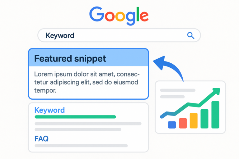 Ilustração mostrando uma página de resultados do Google com destaque visual para um featured snippet no topo. A imagem inclui caixa de resposta em destaque, gráfico de crescimento e palavras-chave, tudo em um estilo limpo com cores vibrantes.