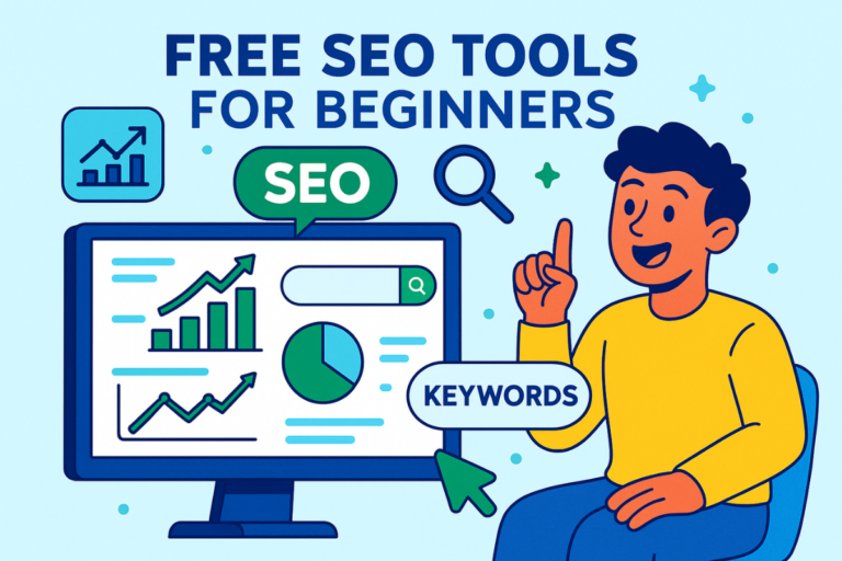 Ilustração colorida mostrando um personagem animado e iniciante aprendendo sobre SEO em frente a um computador. A tela exibe gráficos de desempenho, barra de pesquisa e palavras-chave flutuantes, com ícones de SEO como lupa, setas de crescimento e balões com termos como “SEO” e “Keywords”.