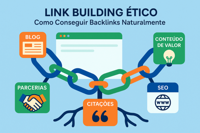 Ilustração conceitual mostrando uma corrente de elos coloridos conectando ícones de estratégias de link building como blog, parcerias, conteúdo de valor, SEO e citações. No centro, uma tela de navegador simboliza o site sendo fortalecido por backlinks naturais. O fundo transmite profissionalismo e crescimento orgânico.