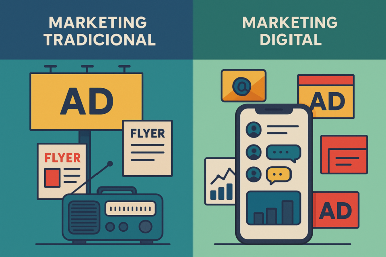 Ilustração comparativa entre Marketing Tradicional e Marketing Digital. À esquerda, outdoors, panfletos, jornal impresso e rádio antigo; à direita, smartphone com redes sociais, gráficos de analytics, e-mails e banners digitais. Estilo minimalista e realista com cores vivas.