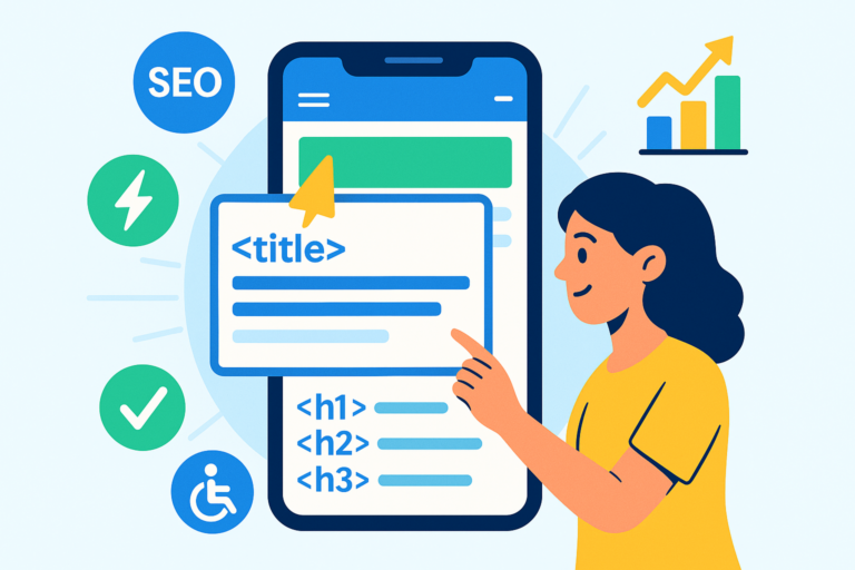 Ilustração de um smartphone exibindo um site otimizado para mobile, com uma usuária interagindo, elementos como tags HTML, barra de navegação clara e ícones de SEO, acessibilidade, desempenho e gráfico de crescimento.