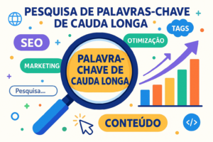 Ilustração vibrante mostrando uma lupa destacando o termo “Palavra-chave de Cauda Longa”, cercada por elementos de SEO como gráfico de crescimento, cursor clicando, barra de pesquisa, nuvem de tags e palavras como “SEO”, “Conteúdo” e “Otimização” em balões coloridos.