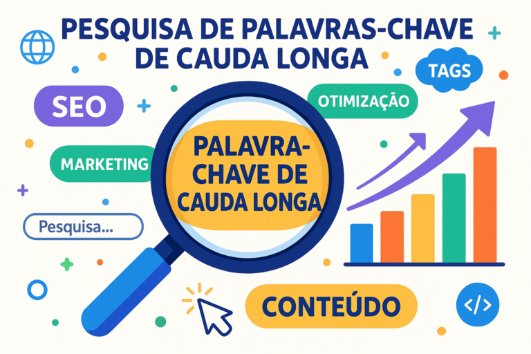 Ilustração vibrante mostrando uma lupa destacando o termo “Palavra-chave de Cauda Longa”, cercada por elementos de SEO como gráfico de crescimento, cursor clicando, barra de pesquisa, nuvem de tags e palavras como “SEO”, “Conteúdo” e “Otimização” em balões coloridos.
