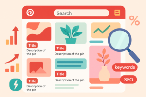 Ilustração da interface do Pinterest com diversos pins otimizados, apresentando títulos chamativos, descrições organizadas e imagens atrativas. Ao redor, há barra de busca com palavras-chave, ícones de lupa, SEO e gráficos de crescimento.