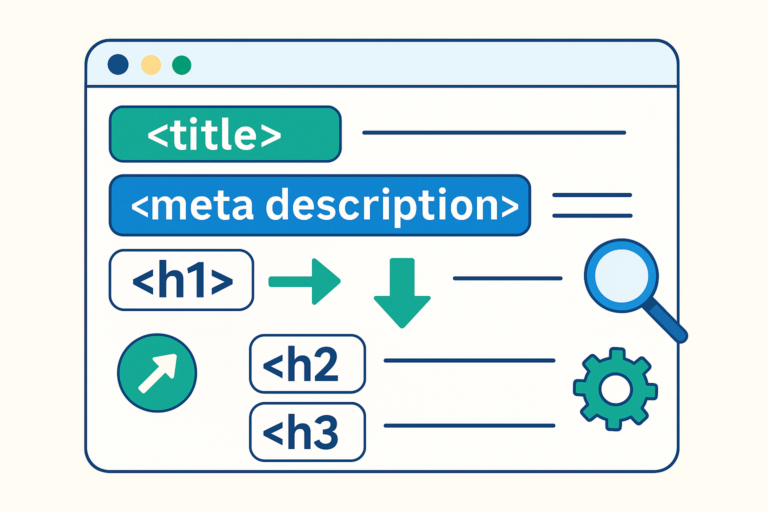 Ilustração conceitual de uma janela de navegador com tags HTML destacadas como , , , , e , acompanhadas de ícones de engrenagem, lupa e setas coloridas indicando estrutura hierárquica de conteúdo.