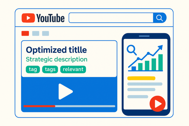 Ilustração mostrando a interface do YouTube com destaque para um vídeo otimizado, contendo miniatura atrativa, título estratégico, descrição bem estruturada e tags relevantes. Ícones de lupa, gráfico de crescimento e botão de play reforçam o tema de SEO para vídeos.
