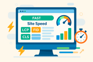 Ilustração de um monitor exibindo dados de desempenho como LCP, FID, CLS, com velocímetro, barras de progresso e ícones de cronômetro e relâmpago representando velocidade e performance de carregamento de site.