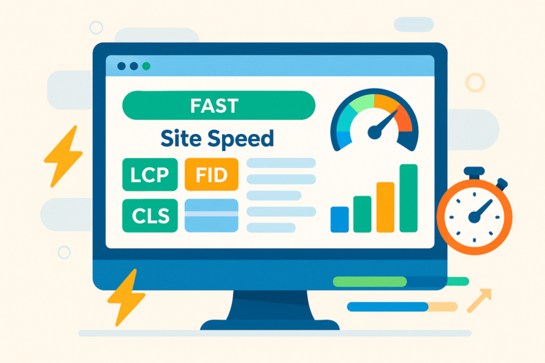 Ilustração de um monitor exibindo dados de desempenho como LCP, FID, CLS, com velocímetro, barras de progresso e ícones de cronômetro e relâmpago representando velocidade e performance de carregamento de site.