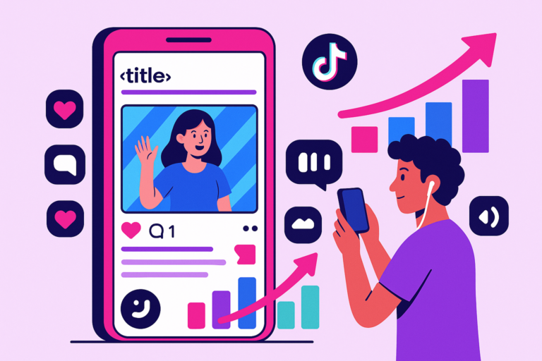 Ilustração vibrante de um smartphone com a interface do TikTok exibindo um vídeo curto. Ao redor, aparecem ícones de curtidas, comentários, visualizações e gráficos de crescimento, com uma pessoa gravando conteúdo ao lado da tela.