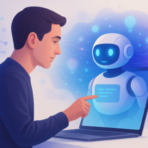 Ilustração representando a criação de conteúdo com IA natural de forma humana e estratégica