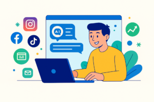 Ilustração de um iniciante usando uma plataforma de inteligência artificial para criar ideias e conteúdos de marketing digital em um computador, com ícones de redes sociais, blog, e-mail marketing e gráficos de desempenho ao redor.