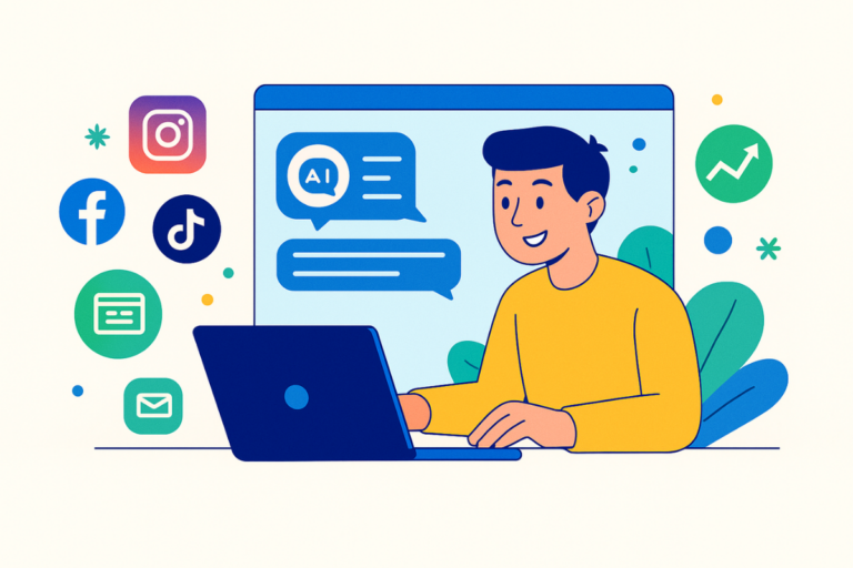 Ilustração de um iniciante usando uma plataforma de inteligência artificial para criar ideias e conteúdos de marketing digital em um computador, com ícones de redes sociais, blog, e-mail marketing e gráficos de desempenho ao redor.