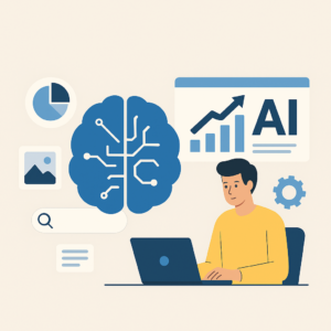 Ilustração representando o uso da inteligência artificial na criação de conteúdo digital de forma natural e humana, com foco em análise, criatividade e estratégia de marketing.