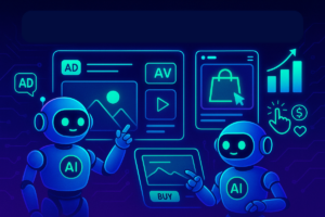 Ilustração futurista mostrando inteligências artificiais criando anúncios digitais automaticamente em diferentes formatos, como texto, imagem e vídeo, com gráficos de crescimento, robôs criativos e telas de anúncios em redes sociais e e-commerce, em tons neon de azul, roxo e verde.