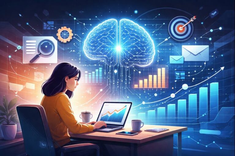 Ilustração sobre inteligência artificial aplicada ao marketing com automação, dados e estratégias digitais.