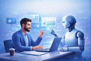 Pessoa utilizando inteligência artificial de forma estratégica para criação de conteúdo digital em ambiente profissional