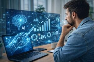 Homem analisando dados de marketing digital em um notebook enquanto utiliza ferramentas de inteligência artificial para planejar estratégias em 2026.