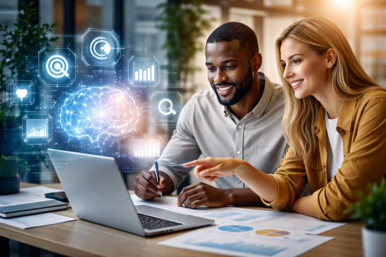 Pessoa trabalhando com notebook em ambiente tranquilo, representando o uso prático da inteligência artificial no marketing digital em 2026.