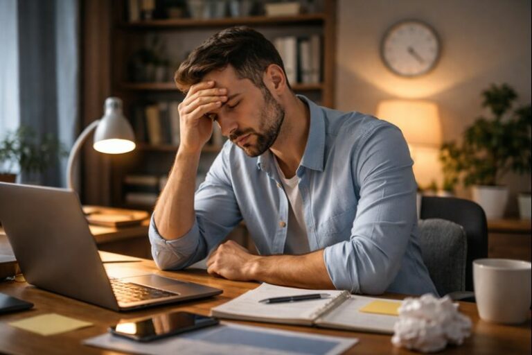 Pessoa trabalhando no computador e celular, estudando marketing digital e inteligência artificial em casa