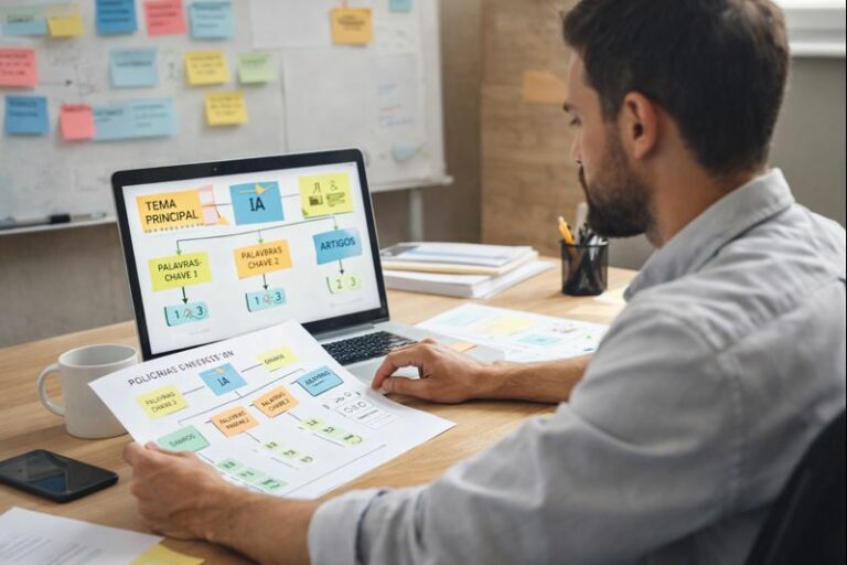 Pessoa planejando estratégia de marketing digital com apoio da inteligência artificial em ambiente de trabalho organizado