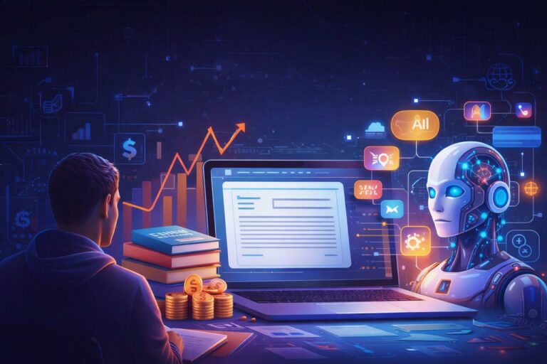 Criação de produto digital utilizando inteligência artificial em um ambiente tecnológico moderno, com foco em marketing digital e automação.