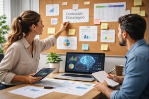 Profissionais analisando dados e estratégias de marketing digital com apoio da inteligência artificial em ambiente de trabalho moderno.